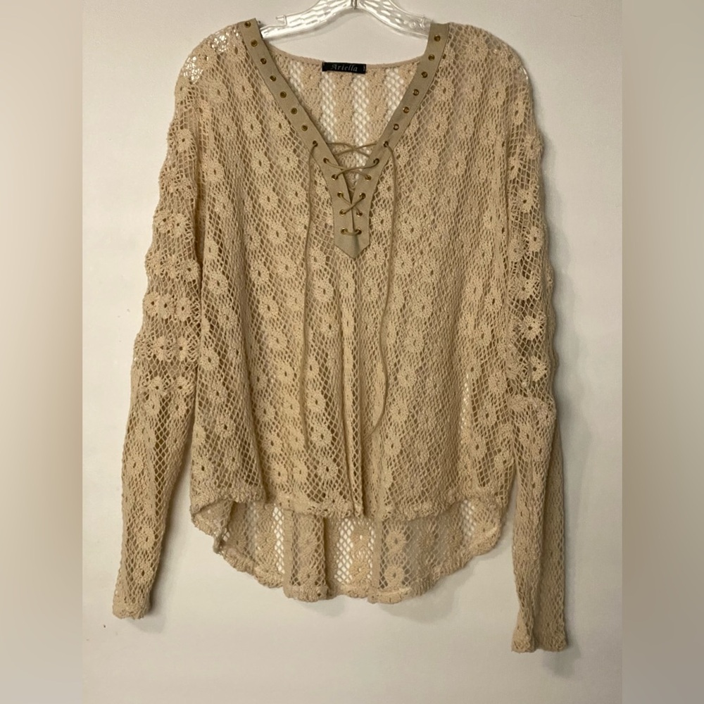 Ariella Cream Crochet Knit Long Sleeve Lace Up Top Size S
